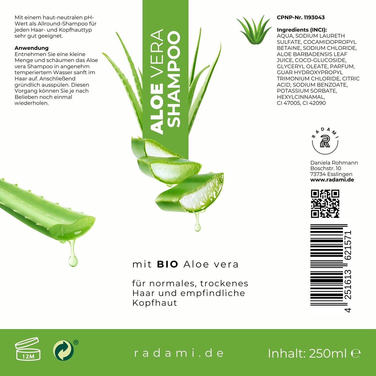 Aloe Vera Set Shampoo und Cremehaarkur Bio Aloe vera für trockenes Haar und empfindliche Kopfhaut jeweils 250 ml