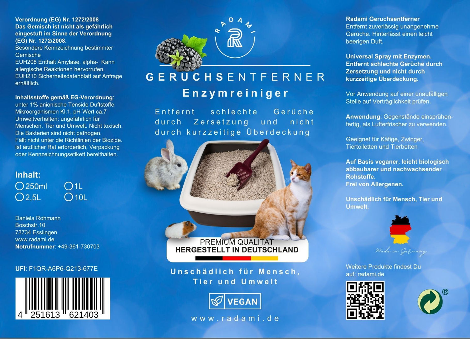 1L Tier Geruchsentferner gegen Katzenurin und Tiergerüche Enzymreiniger Beere