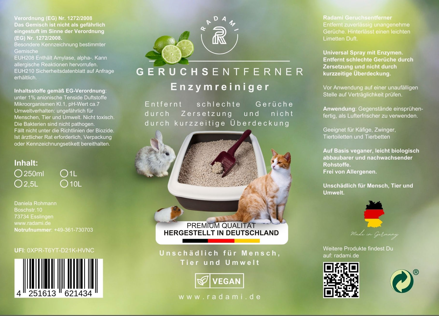 Tier Geruchsentferner gegen Katzenurin und Tiergerüche Enzymreiniger Limette, Lemongras, Blackberry 3x250ml