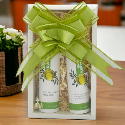 Geschenkbox Geschenk Set Box Pflegeset mit nativem Olivenöl Körpercreme / Duschgel