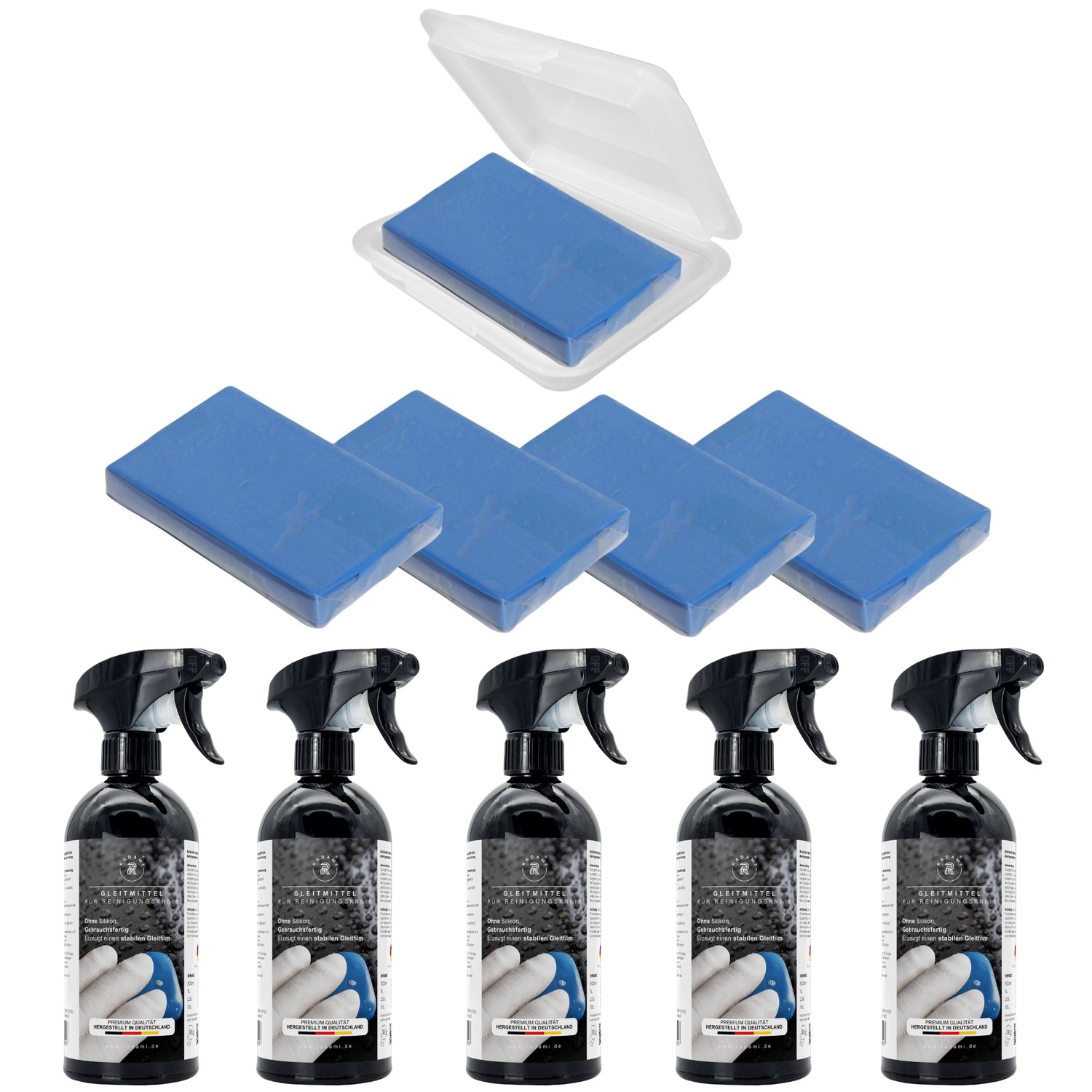 Autoknete Reinigungsknete 5x 500ml Gleitmittel / 5x100g Knete Blau mittel Rostentferner Insektenentferner Lackreiniger