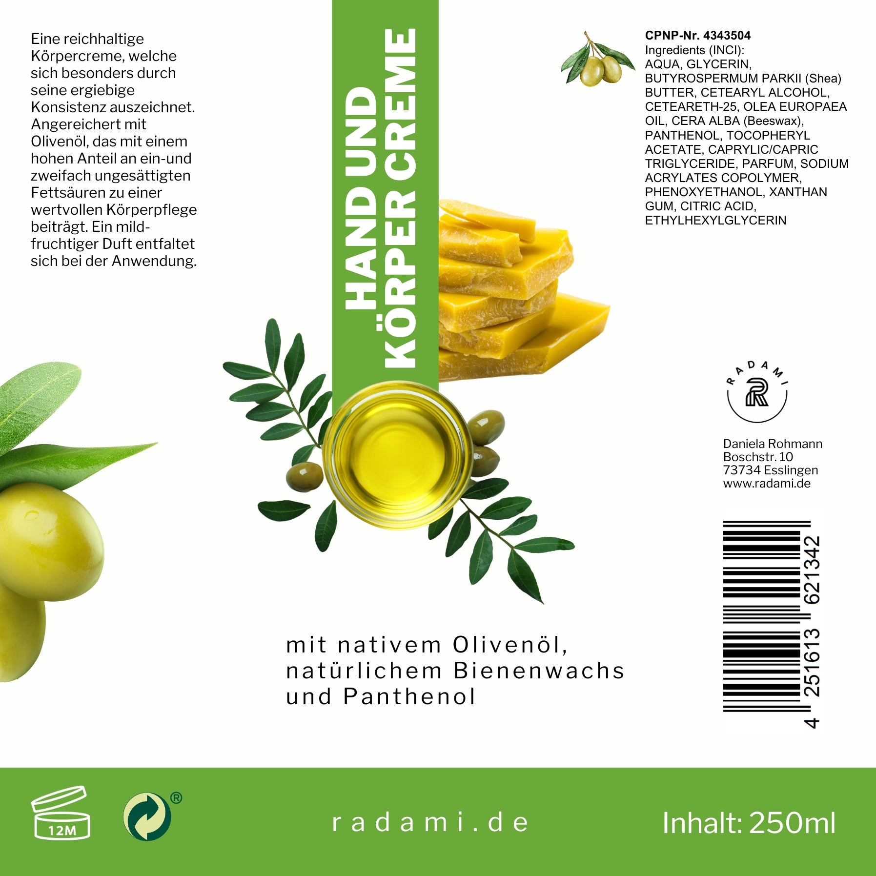 Bodylotion Handcreme Körpercreme mit Olivenöl, Bienenwachs und Panthenol 250 ml