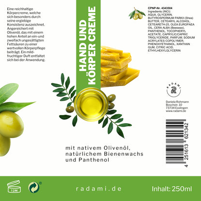 Bodylotion Handcreme Körpercreme mit Olivenöl, Bienenwachs und Panthenol 250 ml