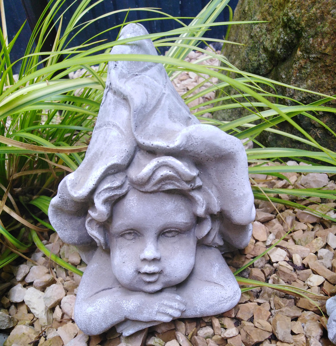 Steinfigur Elfe Gartenfigur Figur Steinguss frostfest Dekofigur Gartendeko Kopf Blatt