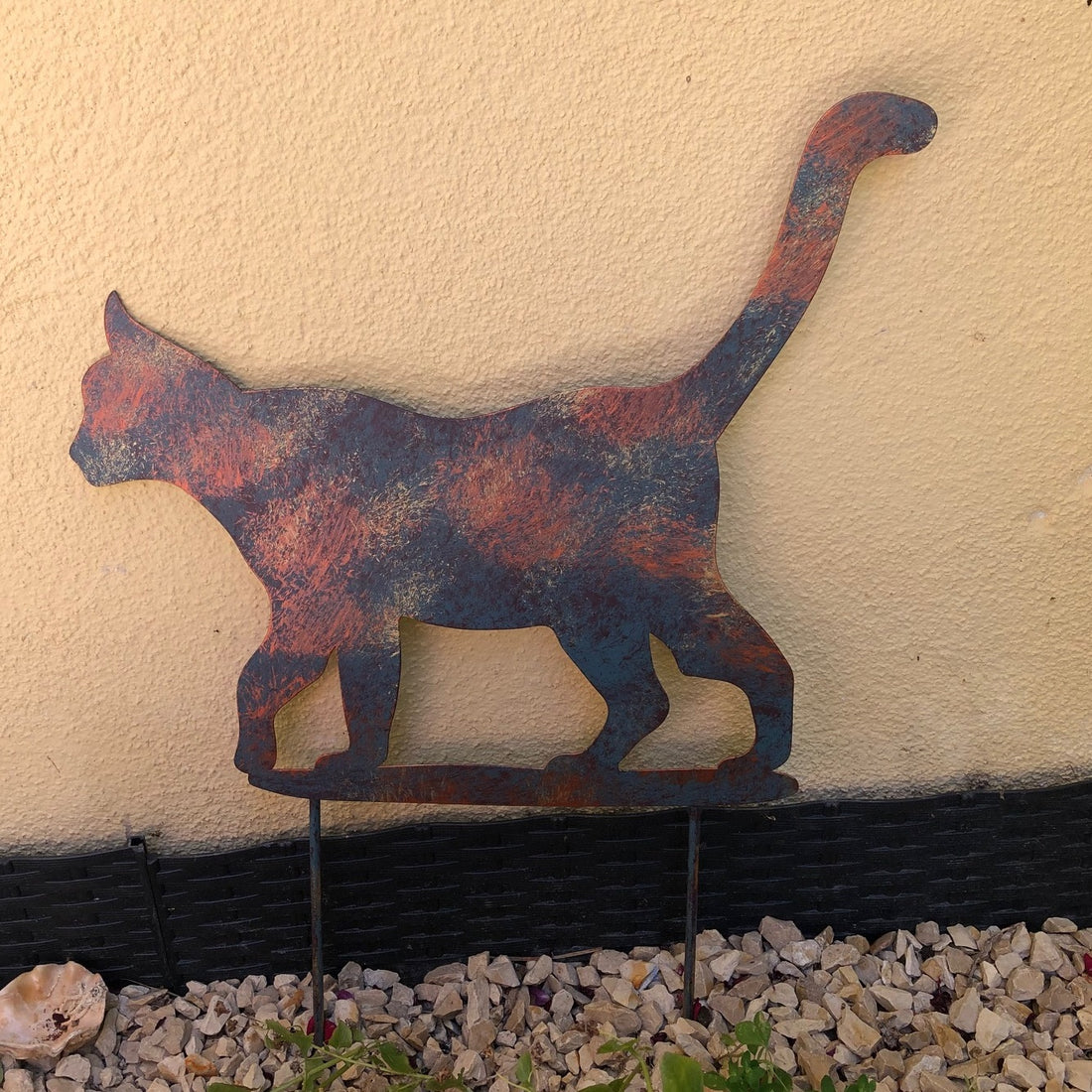 Katze auf Stab, Rostiges Metall Design , Gartenfigur, Metall Figur, Gartendeko 36cm